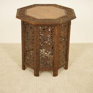 Antique Anglo Indian Carved Hardwood Side Table: Brass Inlay, Octagonal