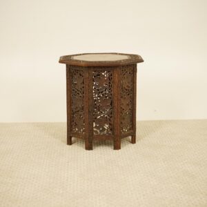 Antique Anglo Indian Carved Hardwood Side Table: Brass Inlay, Octagonal