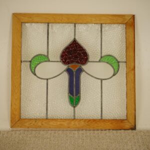 Antique Oak Framed Leaded Stained Glass Window American 1930 F-1533