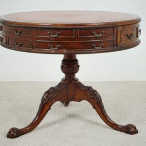 English Leather Top Georgian Style Walnut Drum Table, Ball & Claw Feet England 1940 F-1580
