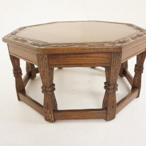 Vintage Carved Oak Octagonal Coffee Table With Drawer, American 1950, H1196