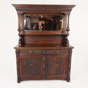 Antique Victorian Carved Oak "Green Man" Mirror Back Sideboard, Buffet, Scotland 1870 F-1020