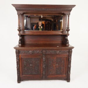 Antique Victorian Carved Oak "Green Man" Mirror Back Sideboard, Buffet, Scotland 1870 F-1020