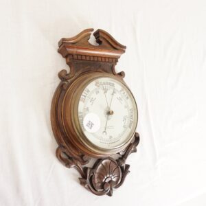 Antique Victorian Walnut Aneroid Barometer: Carved Swan Neck, G.C. Bateman 1880