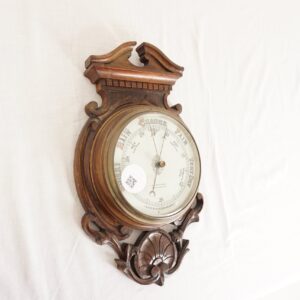 Antique Victorian Walnut Aneroid Barometer: Carved Swan Neck, G.C. Bateman 1880