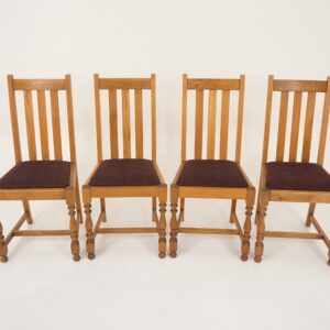 4 Vintage Solid Oak High Back Chairs, Lift Out Seats, Scotland 1920, F-1201