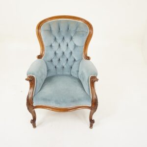 Victorian Carved Walnut Button Back Fireside Gentleman's Chair Scotland 1860 F-1249