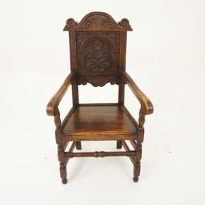 Antique Carved Oak Wainscot Scottish Oak Arm Chair, Throne Chair Scotland 1910 F-1243