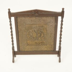 Antique Carved Oak Barley Twist Repousse Copper Fire Screen Scotland 1920 F1219