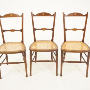 3 Ant. Victorian Walnut Inlaid Bedroom Chairs Wicker Seats, Scotland 1895, F-256