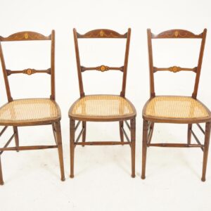 3 Ant. Victorian Walnut Inlaid Bedroom Chairs Wicker Seats, Scotland 1895, F-256