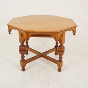 Ant. Victorian Arts + Crafts Oak Octagonal Center Table, Scotland 1890, F-940