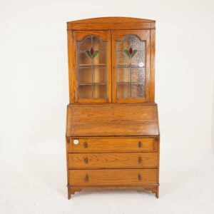 Vintage Oak Slant Front Desk with Stained Glass Bookcase, Scotland 1920