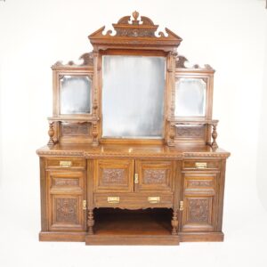 Victorian Large Carved Oak Mirror Back Sideboard Buffet, Scotland 1890, F-189