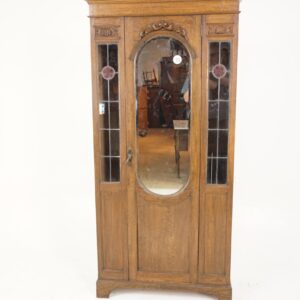 Antique Oak Hall Armoire: Leaded Glass, Arts & Crafts Wardrobe, Scotland 1910