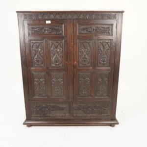 Antique Gothic Oak Housekeeper Cupboard, Hall, Armoires, Scotland 1880,F-985