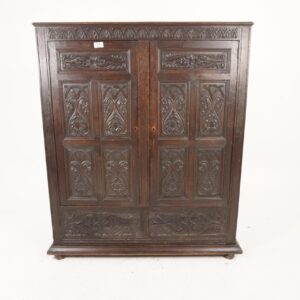 Antique Gothic Oak Housekeeper Cupboard, Hall, Armoires, Scotland 1880,F-985