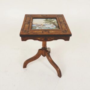 Antique Burr Walnut Table, Inlaid Tilt Top Table, Porcelain Tile, Scotland 1870, F-367