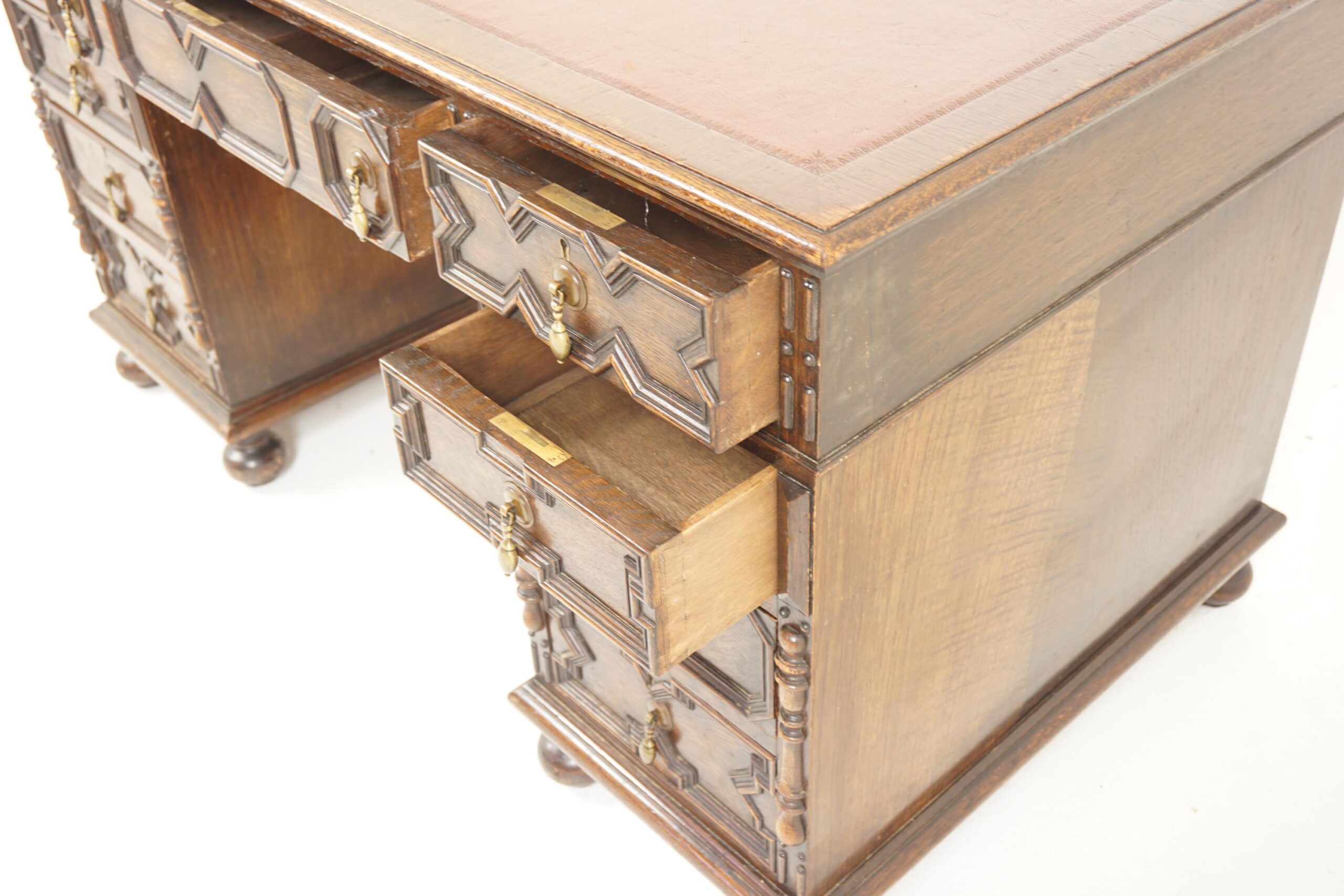 Antique Oak Double Pedestal Desk, Leather Top, Scotland 1910, F-704 - Image 4