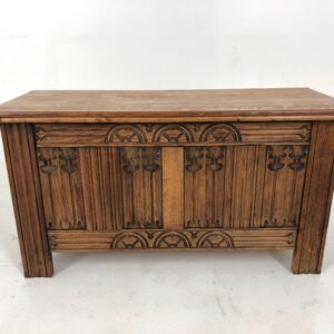 Vintage Carved Oak Linen Fold Blanket Box, Toy Box, Coffee Table, Seat, Trunk, Scotland 1930, F-853