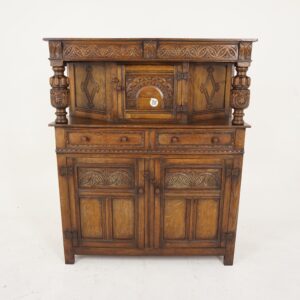 Antique Carved Oak Court Cupboard, Sideboard Buffet and Hutch, Scotland 1920, F-727