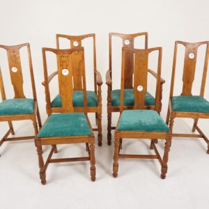 6 Inlaid Oak Arts and Crafts Dining Chairs (4 + 2), Scotland 1910, F-883
