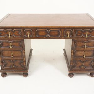 Antique Oak Double Pedestal Desk, Leather Top, Scotland 1910, F-704
