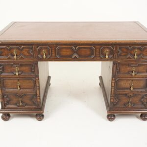 Antique Oak Double Pedestal Desk, Leather Top, Scotland 1910, F-704