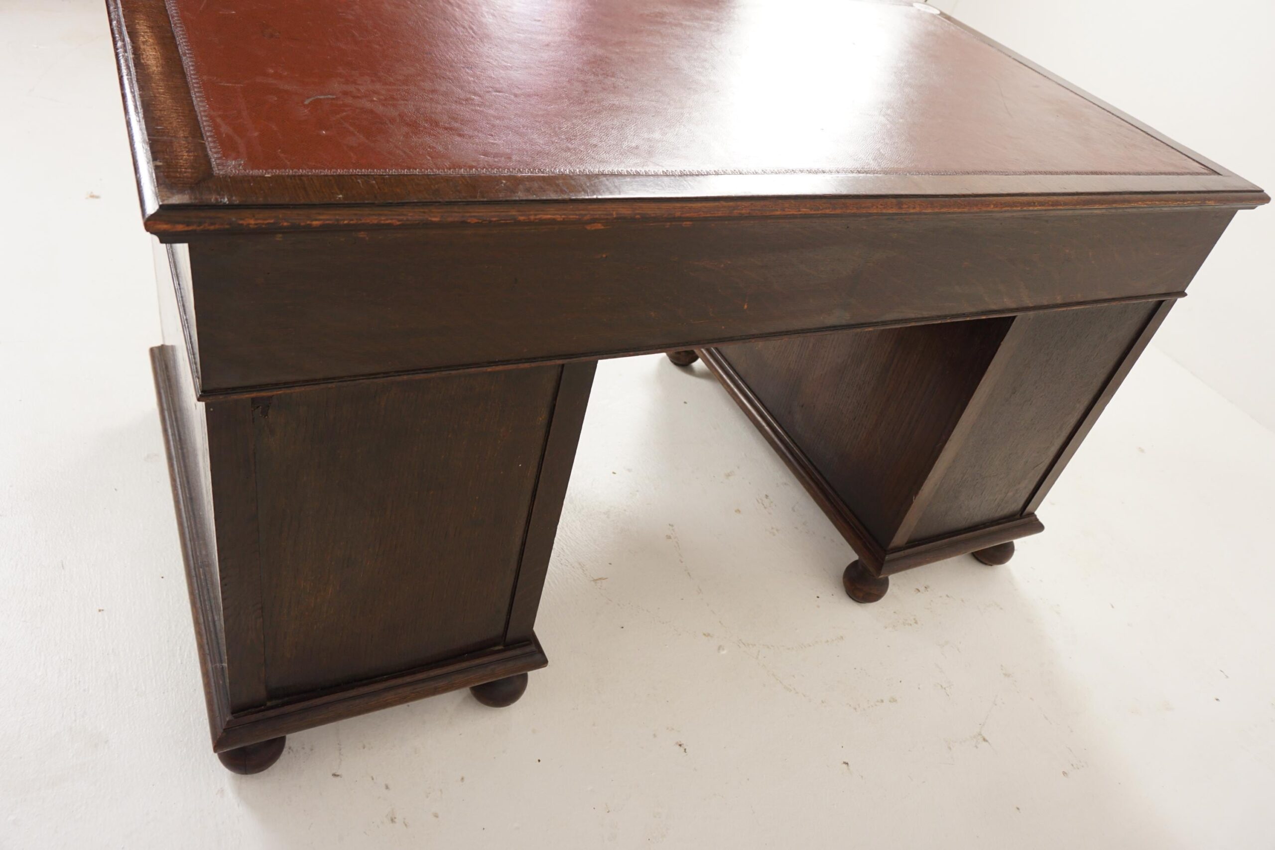Antique Oak Double Pedestal Desk, Leather Top, Scotland 1910, F-704 - Image 8