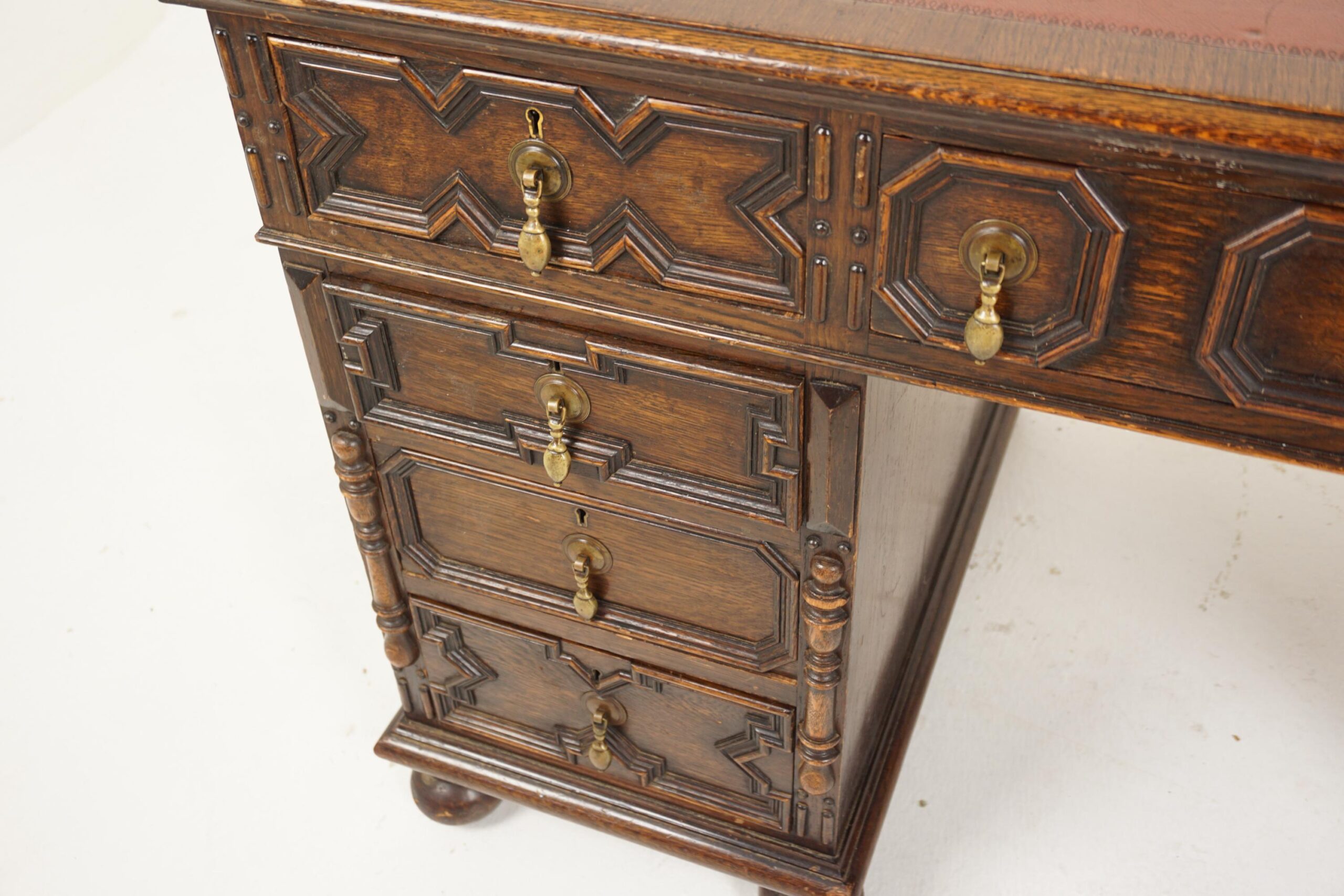 Antique Oak Double Pedestal Desk, Leather Top, Scotland 1910, F-704 - Image 9