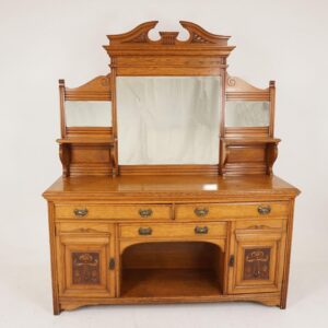 Victorian Carved Oak Mirror Back Sideboard Buffet, Scotland 1890, F-607B