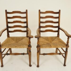 Pair of Country Oak & Elm Ladder Back Rush Seated Arm Chair,Scotland 1910 F-1304