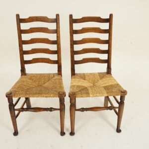Pair of Country Oak & Elm Ladder Back Rush Seated Kitchen Chairs Scotland 1910 F-1305