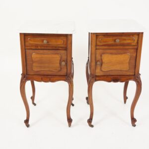 Antique French Louis XV Walnut Marble Top Nightstands - Pair