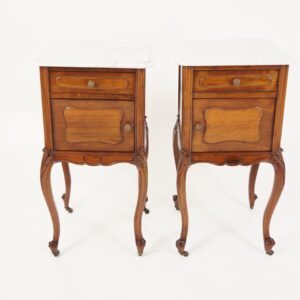 Antique French Louis XV Walnut Marble Top Nightstands - Pair