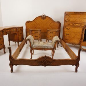 Antique French Style Satinwood and Burr Walnut Carved 7 piece Bedroom Set American 1930- F-500-1505