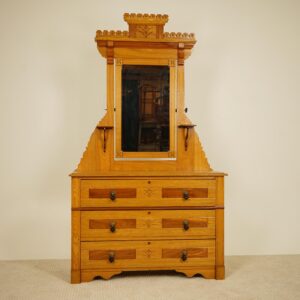 Antique Chip Carved Ash Vanity with Mirror: American Dresser, 1880