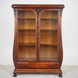 Antique American Urn Shaped Carved Tiger Oak Glass Front Bookcase, Display Cabinet F-1577