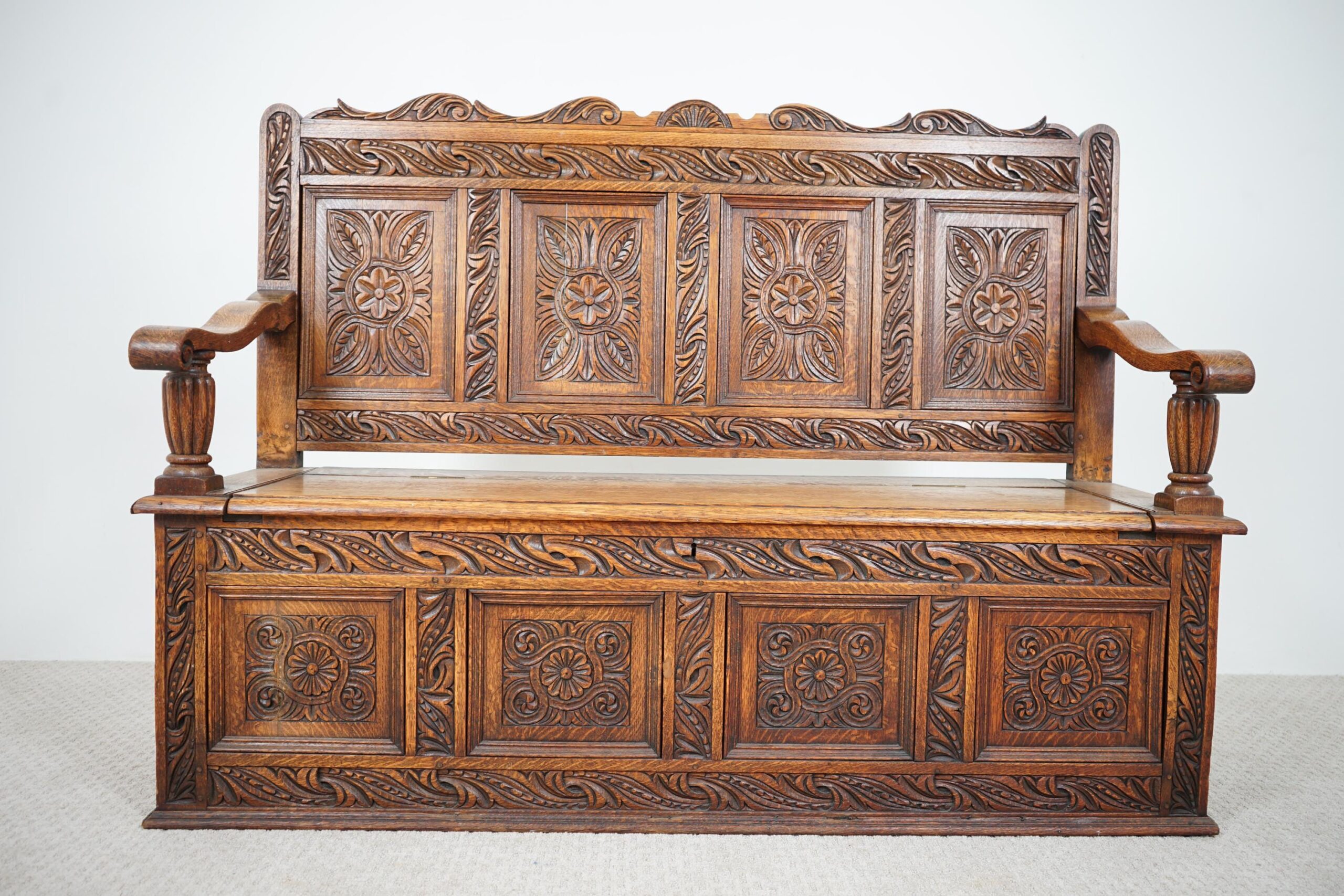 Victorian Carved Oak High Back Hall Seat, Bench - Scotland 1880- F-1594 - Image 4
