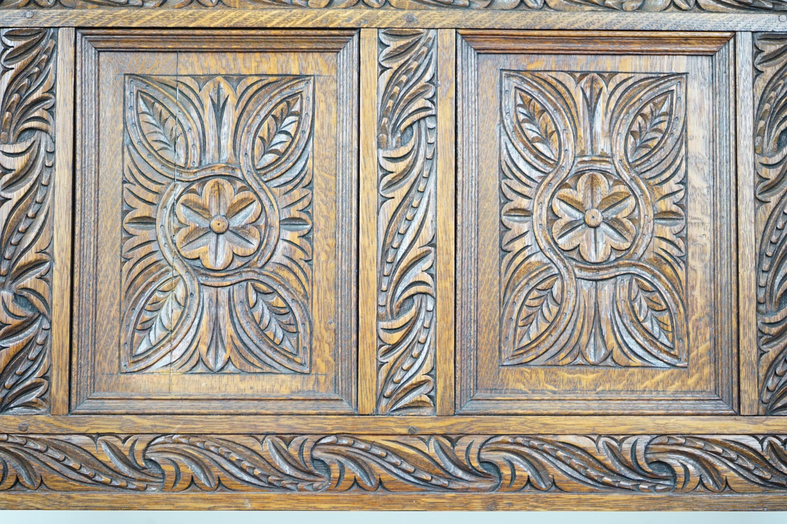 Victorian Carved Oak High Back Hall Seat, Bench - Scotland 1880- F-1594 - Image 6