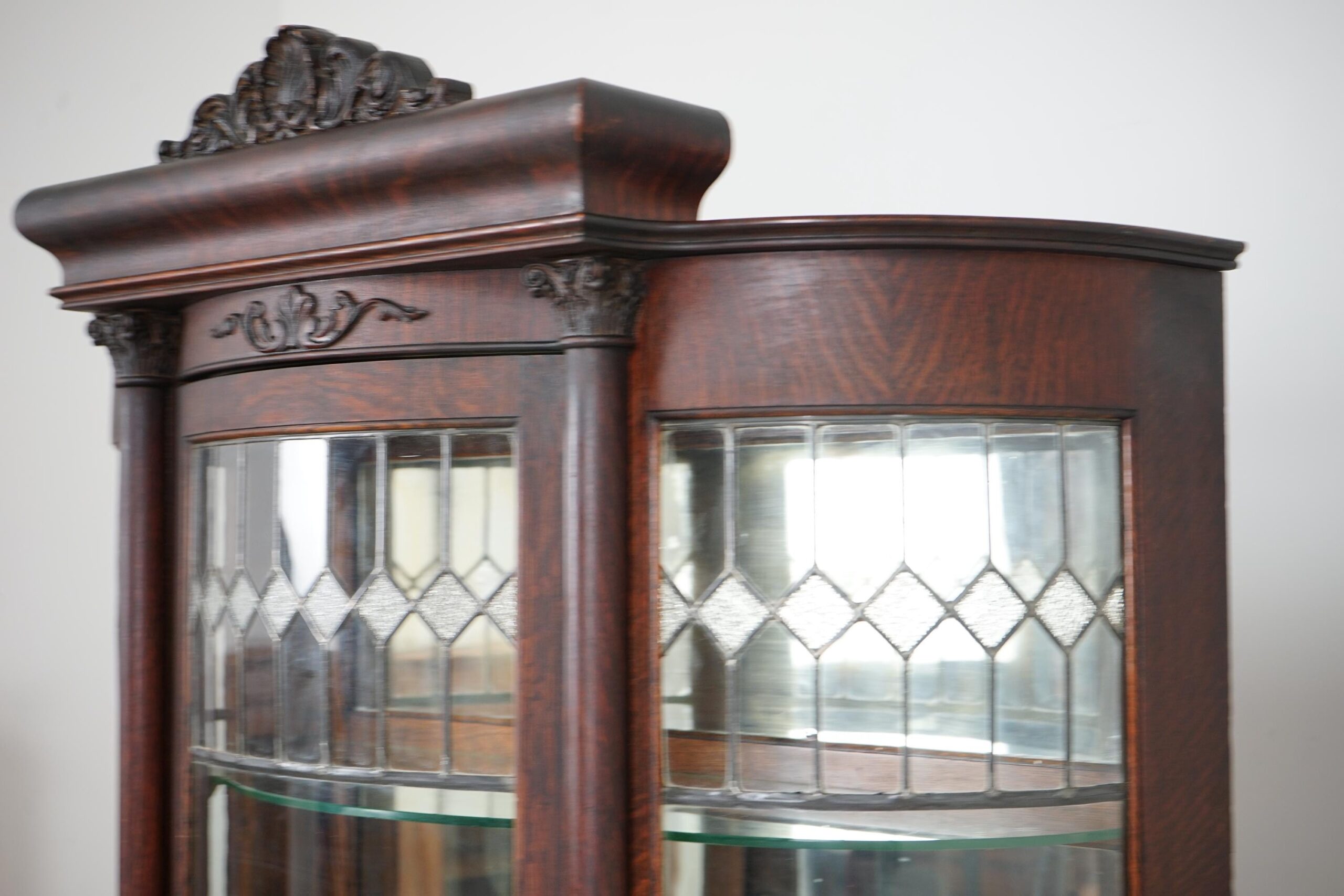 Antique Oak Triple Carved Glass China Cabinet, Leaded Glass, Diamond Pattern F-1576 - Image 5