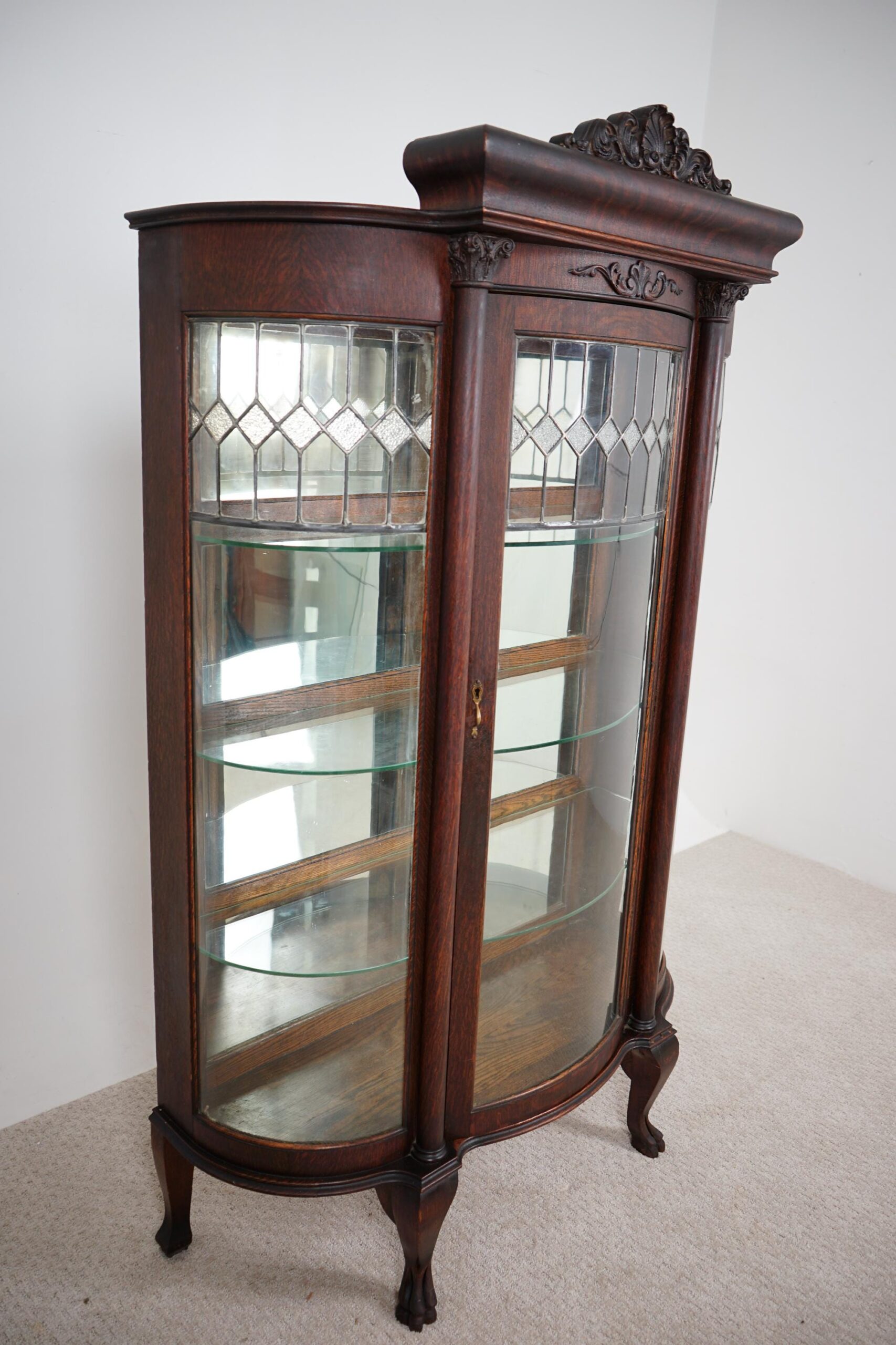 Antique Oak Triple Carved Glass China Cabinet, Leaded Glass, Diamond Pattern F-1576 - Image 2