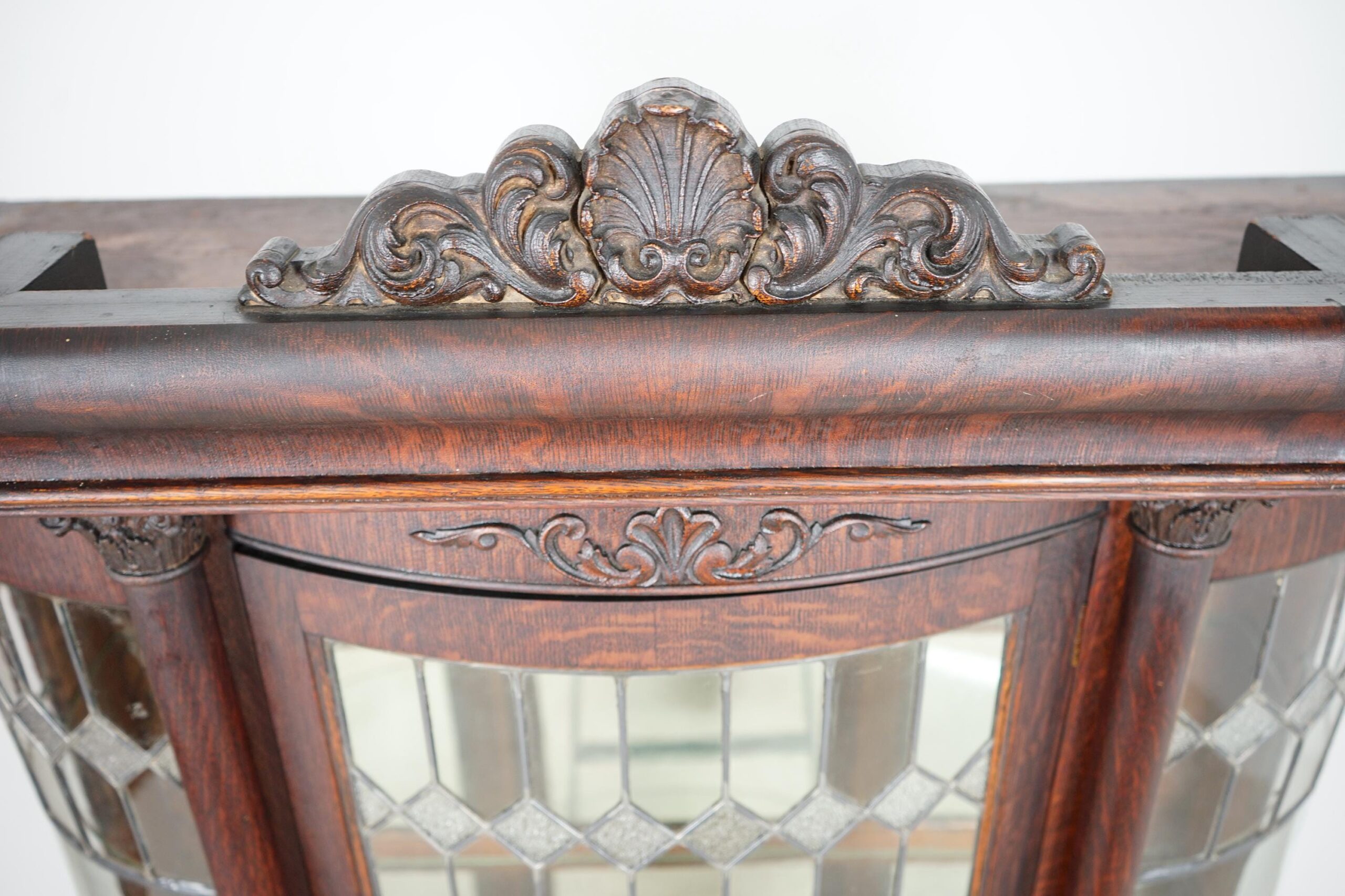 Antique Oak Triple Carved Glass China Cabinet, Leaded Glass, Diamond Pattern F-1576 - Image 8