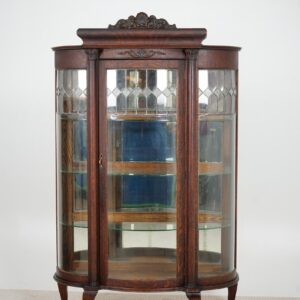 Antique Oak Triple Carved Glass China Cabinet, Leaded Glass, Diamond Pattern  F-1576