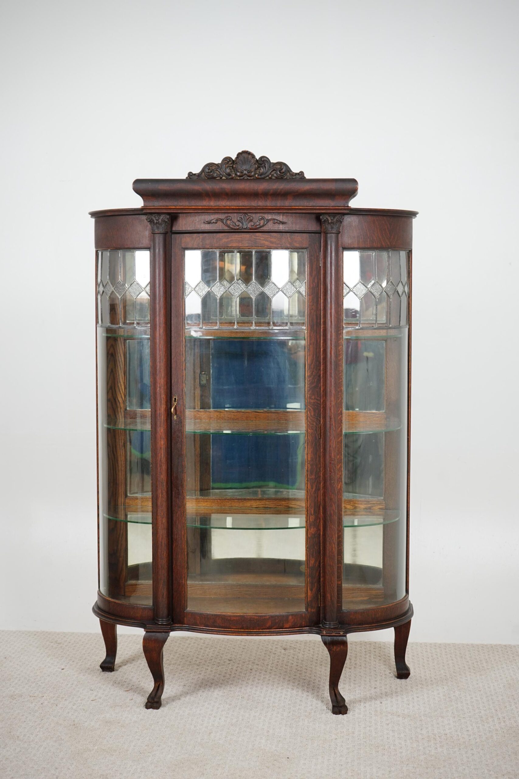 Antique Oak Triple Carved Glass China Cabinet, Leaded Glass, Diamond Pattern F-1576