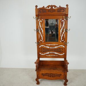 Antique American Oak Hall Stand, Tree, Beveled Mirror, Storage  F-1597