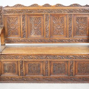 Victorian Carved Oak High Back Hall Seat, Bench - Scotland 1880- F-1594