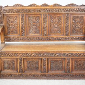 Victorian Carved Oak High Back Hall Seat, Bench - Scotland 1880- F-1594