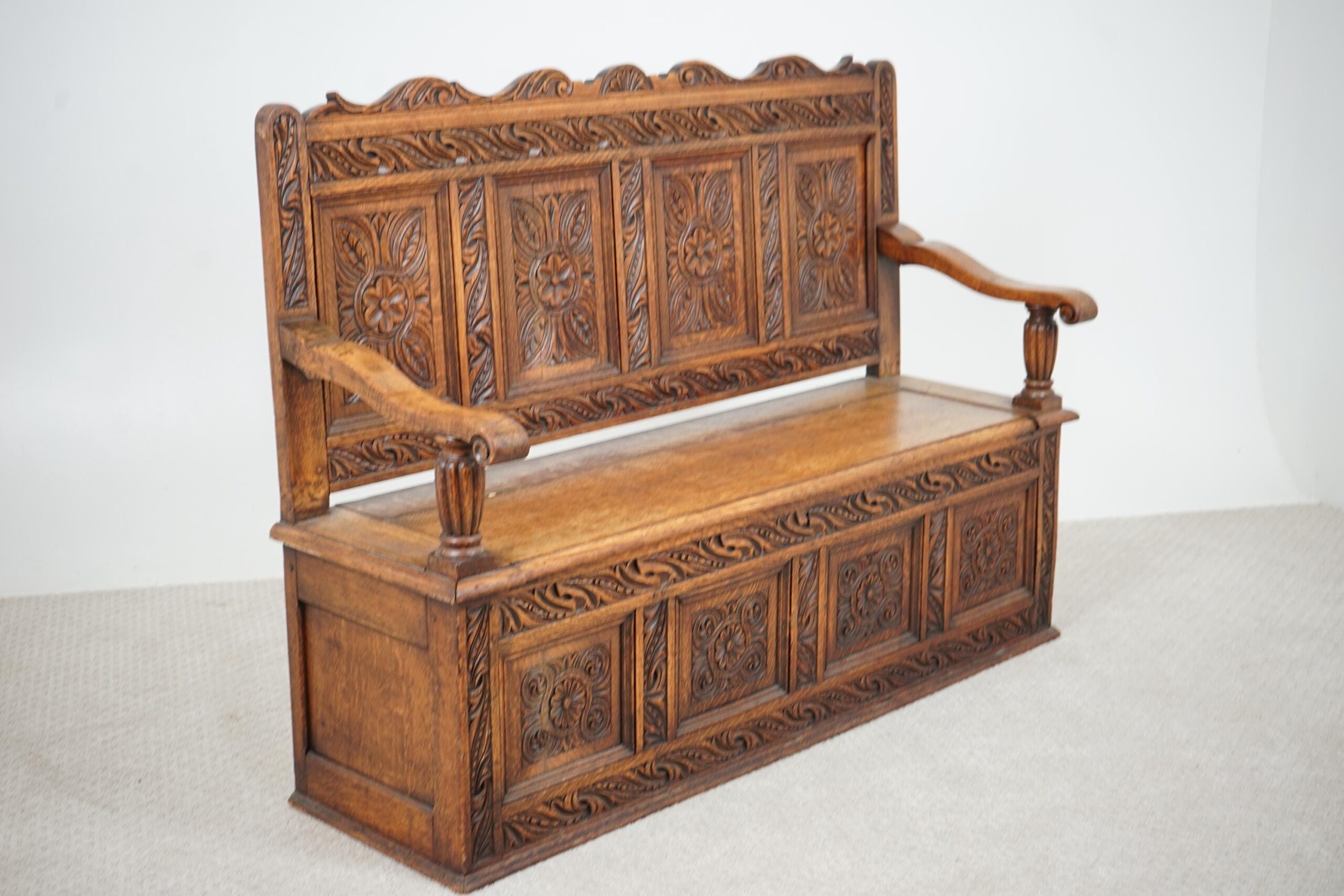 Victorian Carved Oak High Back Hall Seat, Bench - Scotland 1880- F-1594 - Image 9