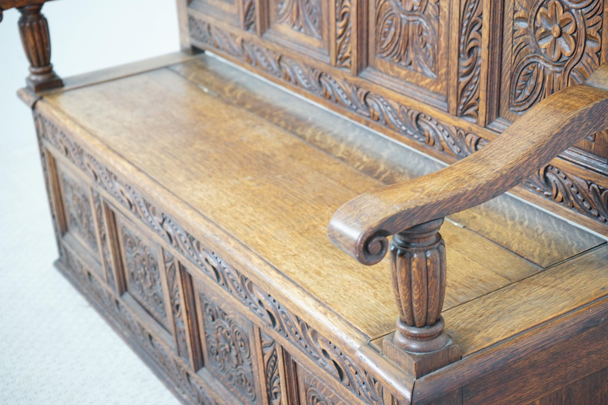 Victorian Carved Oak High Back Hall Seat, Bench - Scotland 1880- F-1594 - Image 11